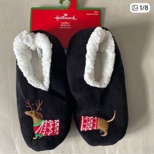 Hallmark Black Slippers with dachshund Reindeer Design